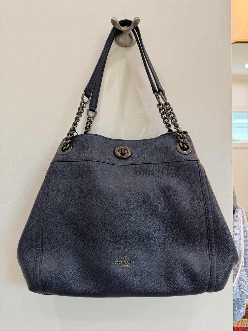 Coach Pebbled Leather Shoulder Tote in Midnight Blue